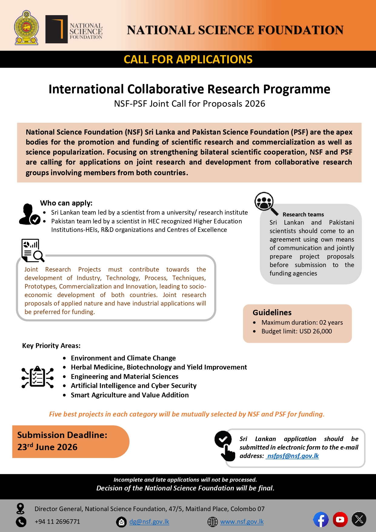 Calling Applications for International Collaborative Research Programme (NSF-PSF Joint Call for Proposals 2026)